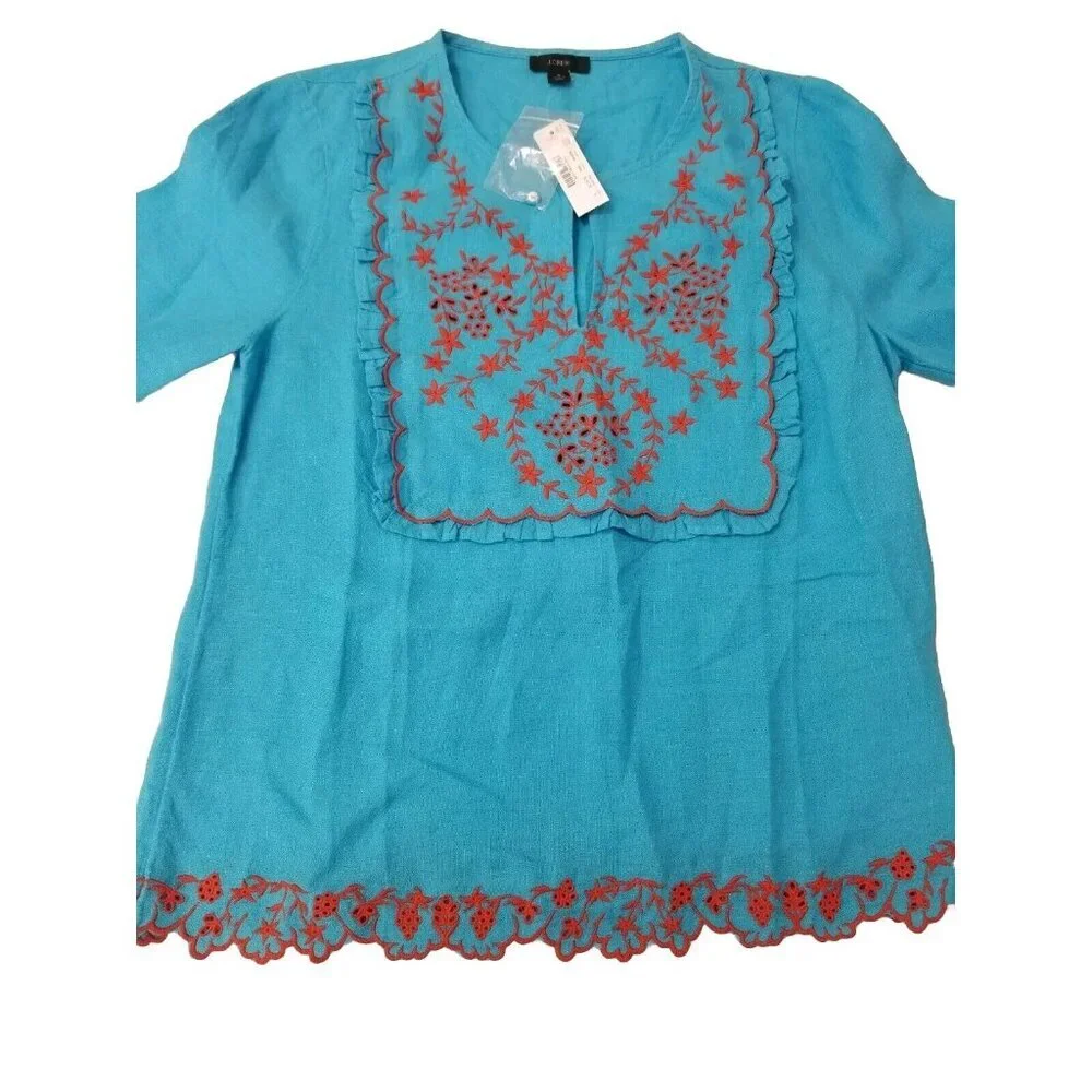 J. Crew Women's Size S Tunic Blouse Top Blue Embroidered Linen Relaxed Fit 30